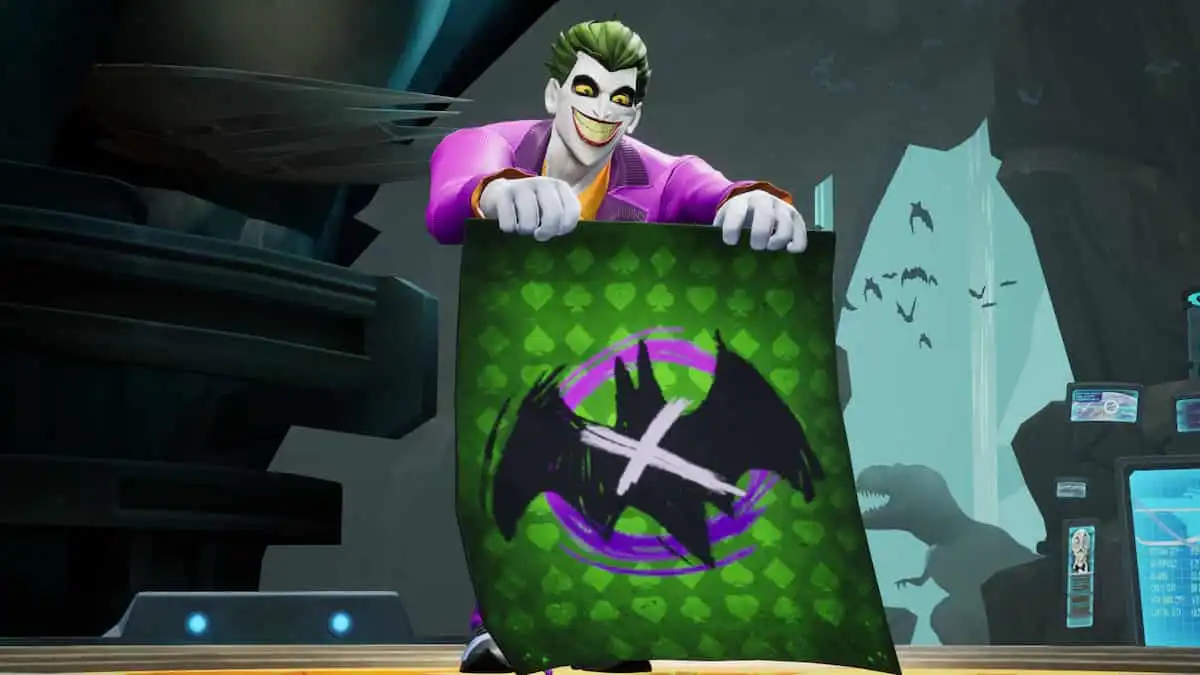 Joker holding up a custom Batman logo in MultiVersus.