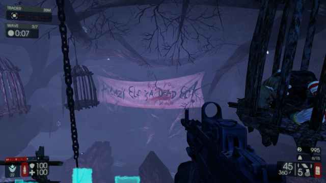 Killing Floor 2 character looking at a banner in one of the maps.
