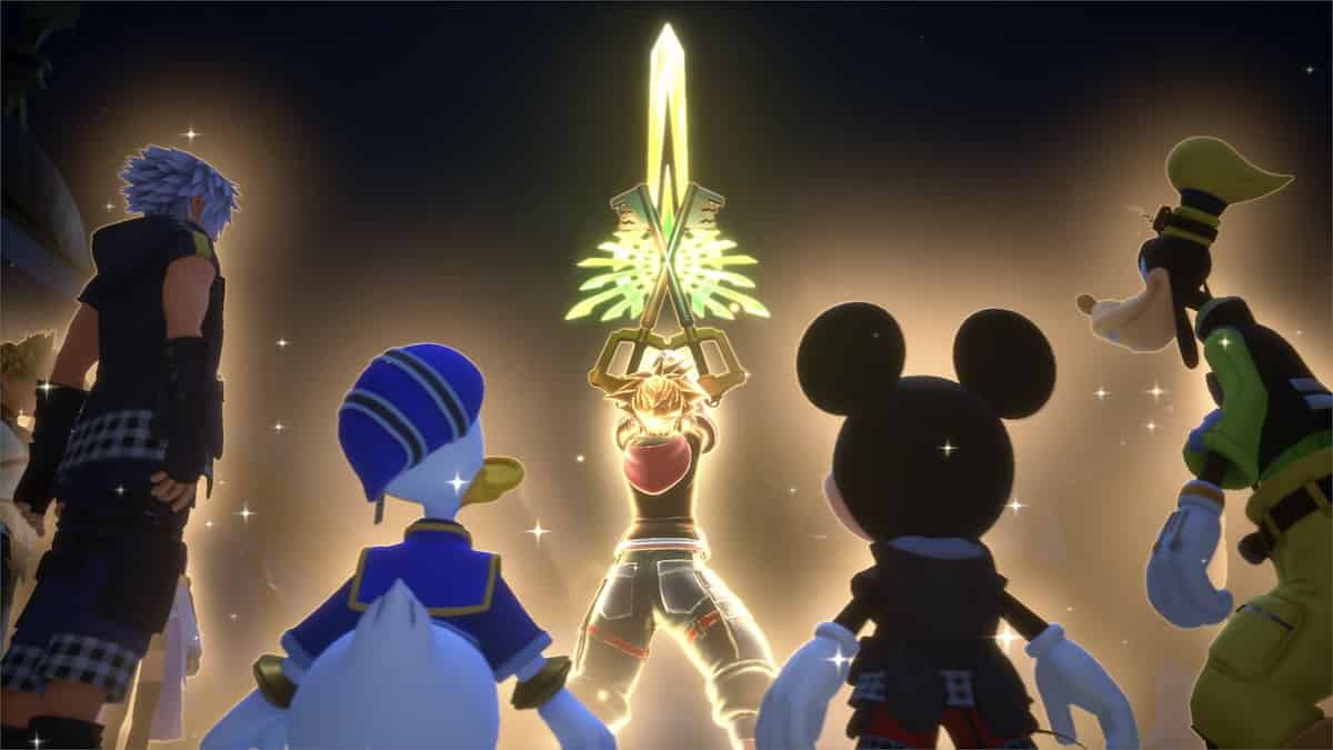 Riku, Donald, Mickey, and Goofey watching Sora wield a glowing Keyblade.