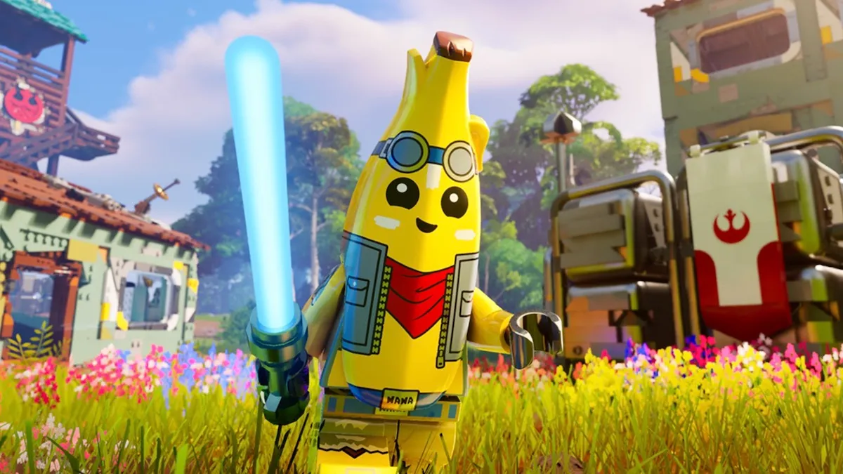 Peely running with a Lightsaber in LEGO Fortnite.