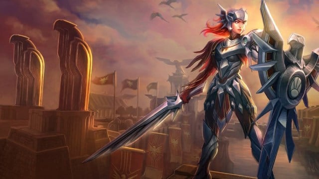 Leona standing and wielding her shield and sword.