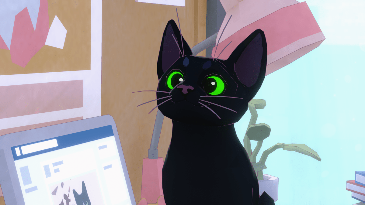 A screenshot from Little Kitty, Big City, showing the main black cat smiling to the camera.