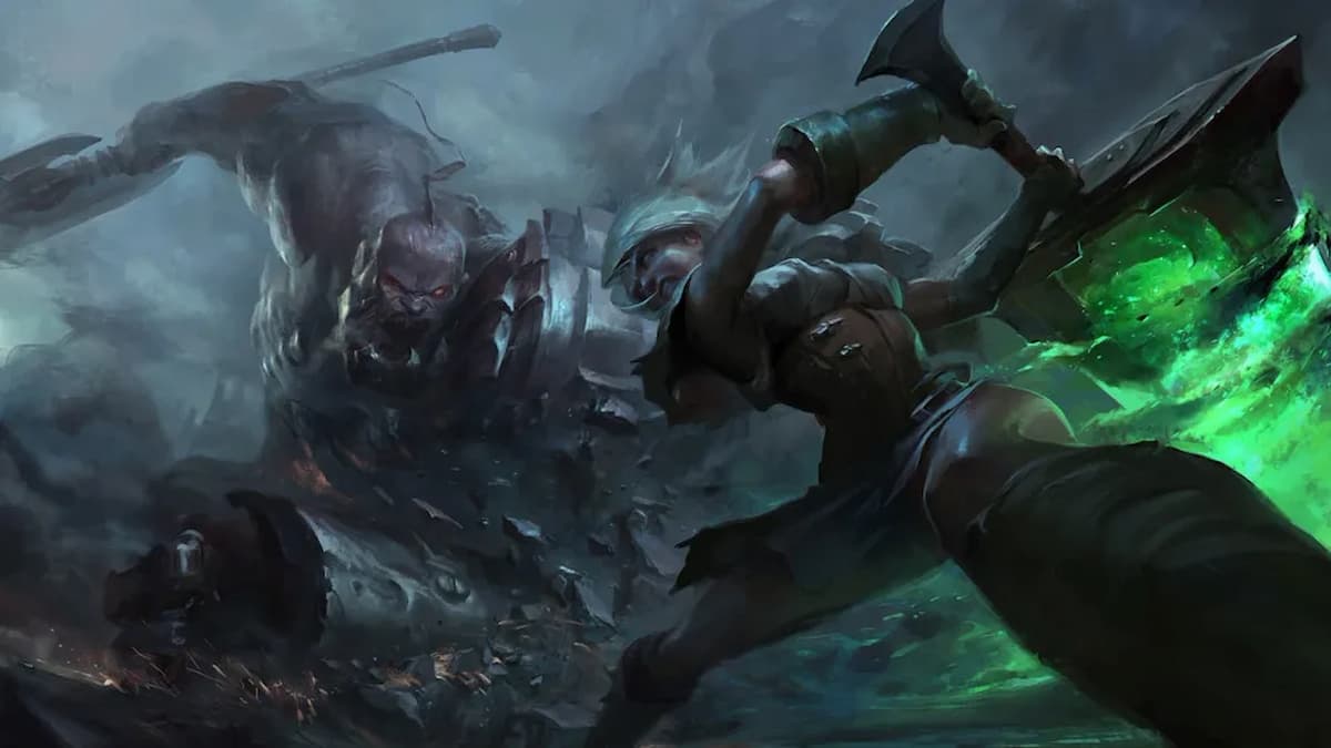 League of Legends splash art showing Riven facing off against Sion in combat.