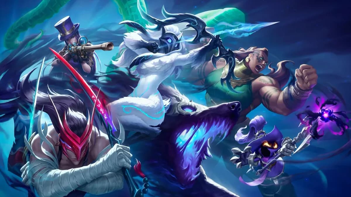 League of Legends splash art featuring Veigar, Illaoi, Caitlyn, Kindred, and Yone.