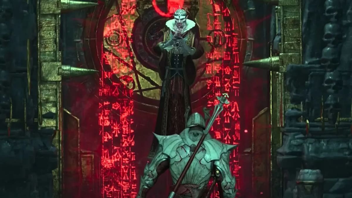 Lord Zir floating above a knight in Diablo 4.