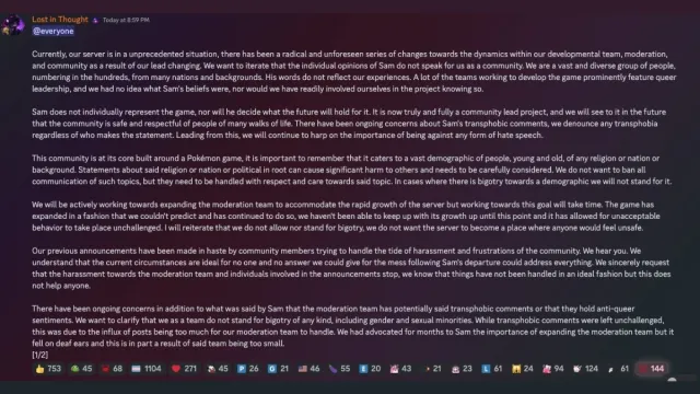 The Discord message from the PokeRogue development team in the midst of the lead developer leaving the project.