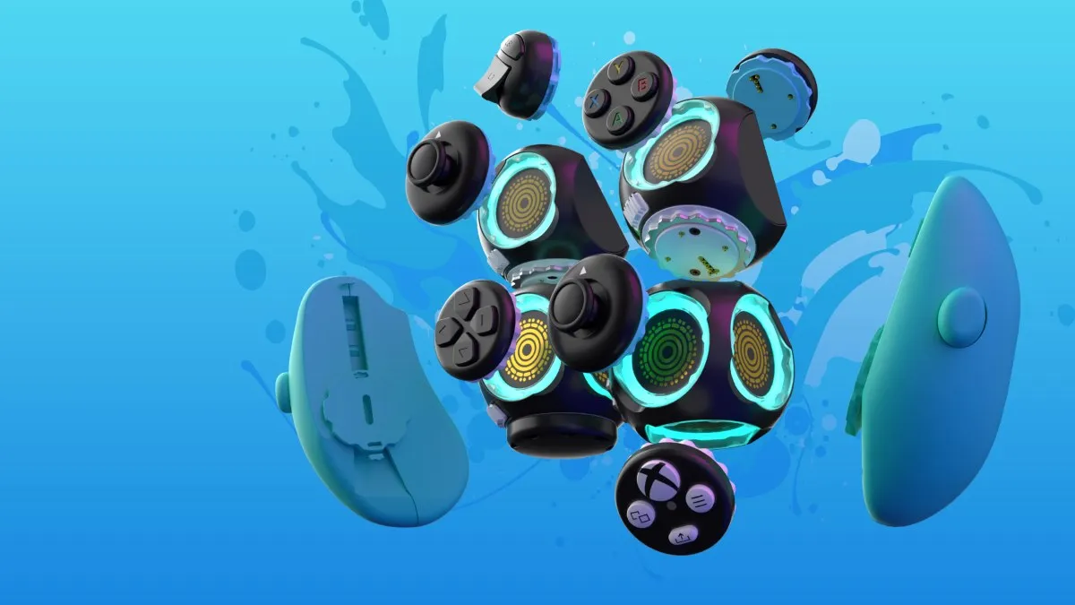 An image showcasing the Proteus controller in an exploded view. Various buttons are shown outside of the controller representing the fact they can be switched around.