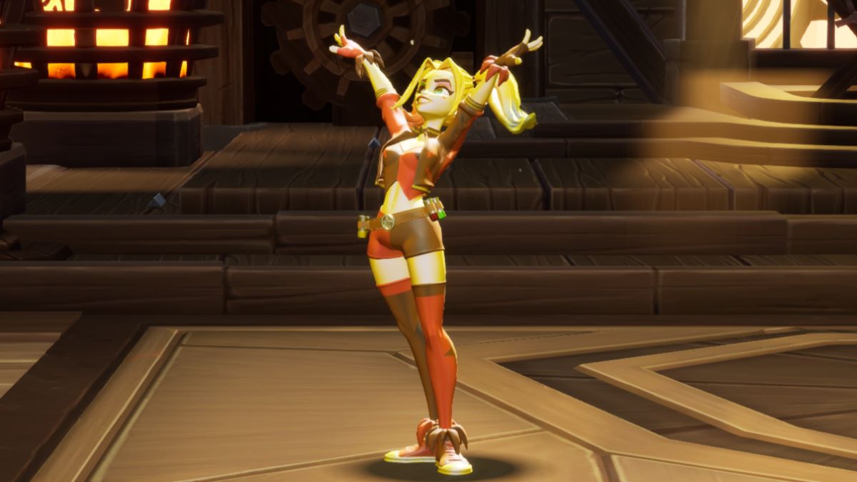A MultiVersus screenshot that shows Harley using a taunt during a victory screen.