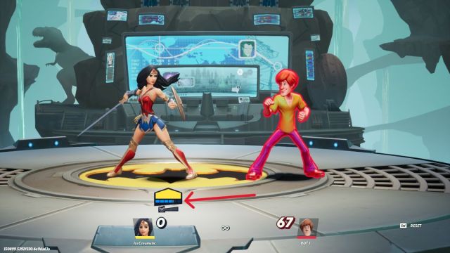 A MultiVersus screenshot of Shaggy and Wonder Woman in a training match. A red arrow is pointing to the dodge meter under Wonder Woman.