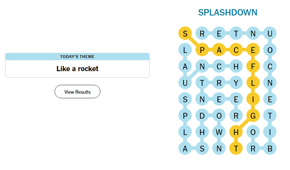 The NYT grid with "Spaceflight" spangram in yellow, with all other solution words in blue.
