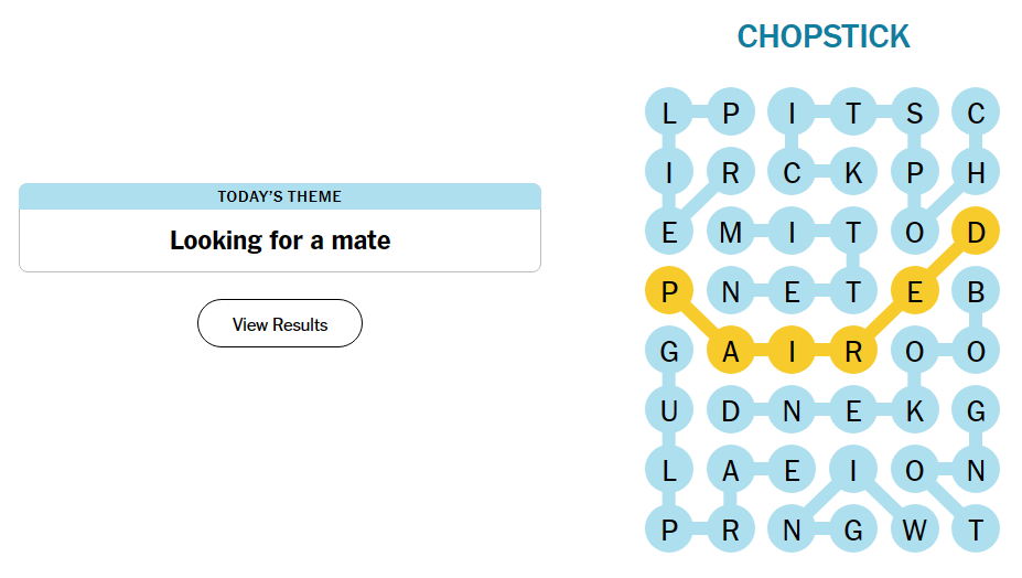 The Strands grid for Looking for a Mate with all the solution words.