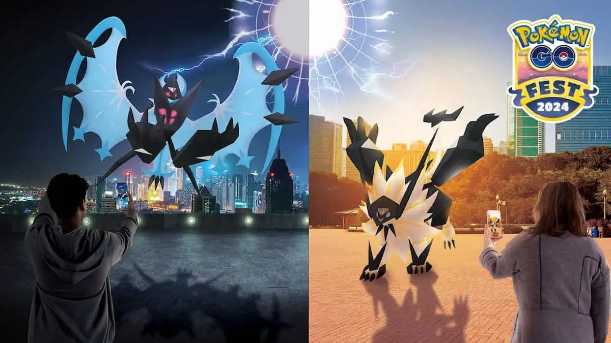 Players encountering both of Necrozma's fused forms in Pokemon Go.