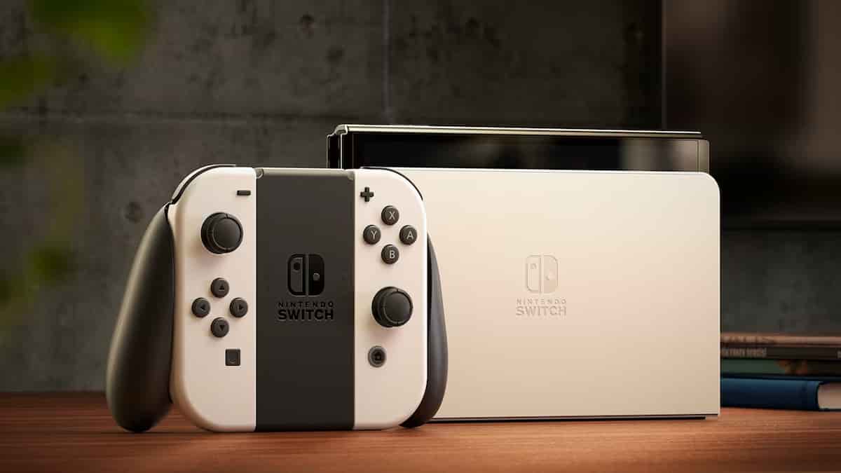 A white Nintendo Switch OLED console.