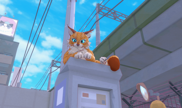 An orange cat sits atop a grey mailbox in front of a blue, cloudy sky in Little Kitty Big City