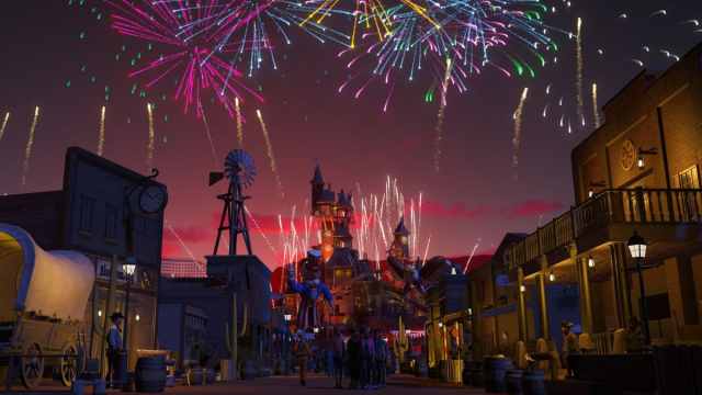 Fireworks in a park in Planet Coaster