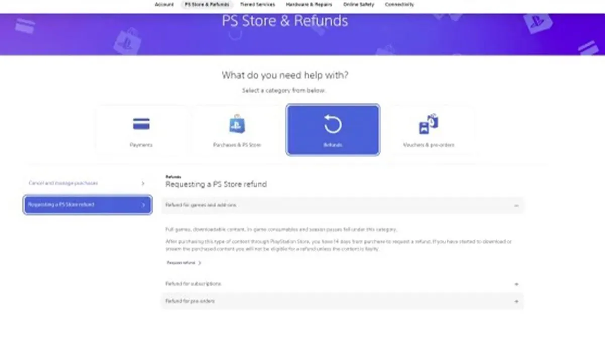 Playstation store refund request space
