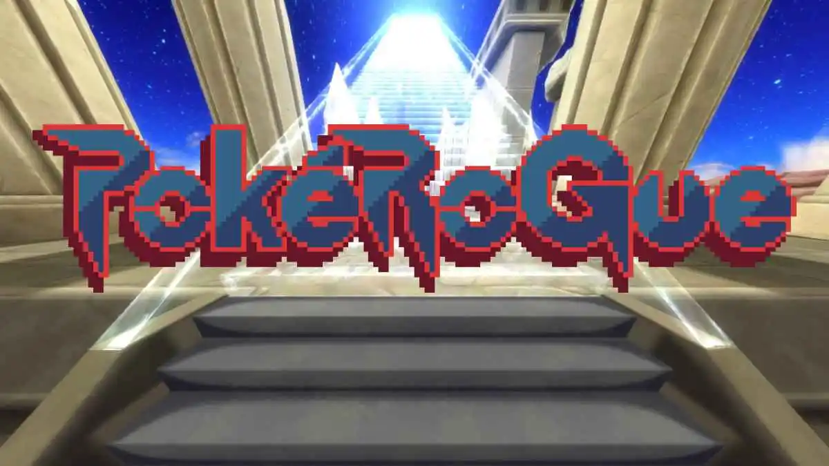 The PokeRogue logo against stairs to the Hall of Origin at Spear Pillar.
