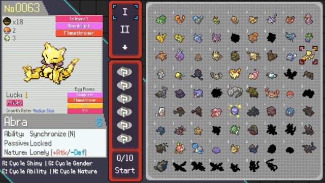 A PokeRogue screen showing Gen I Pokemon with Shiny Abra highlighted.