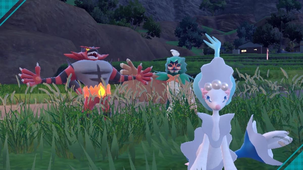 Incineroar, Decidueye, and Primarina having a picnic at night in Pokémon Scarlet and Violet.