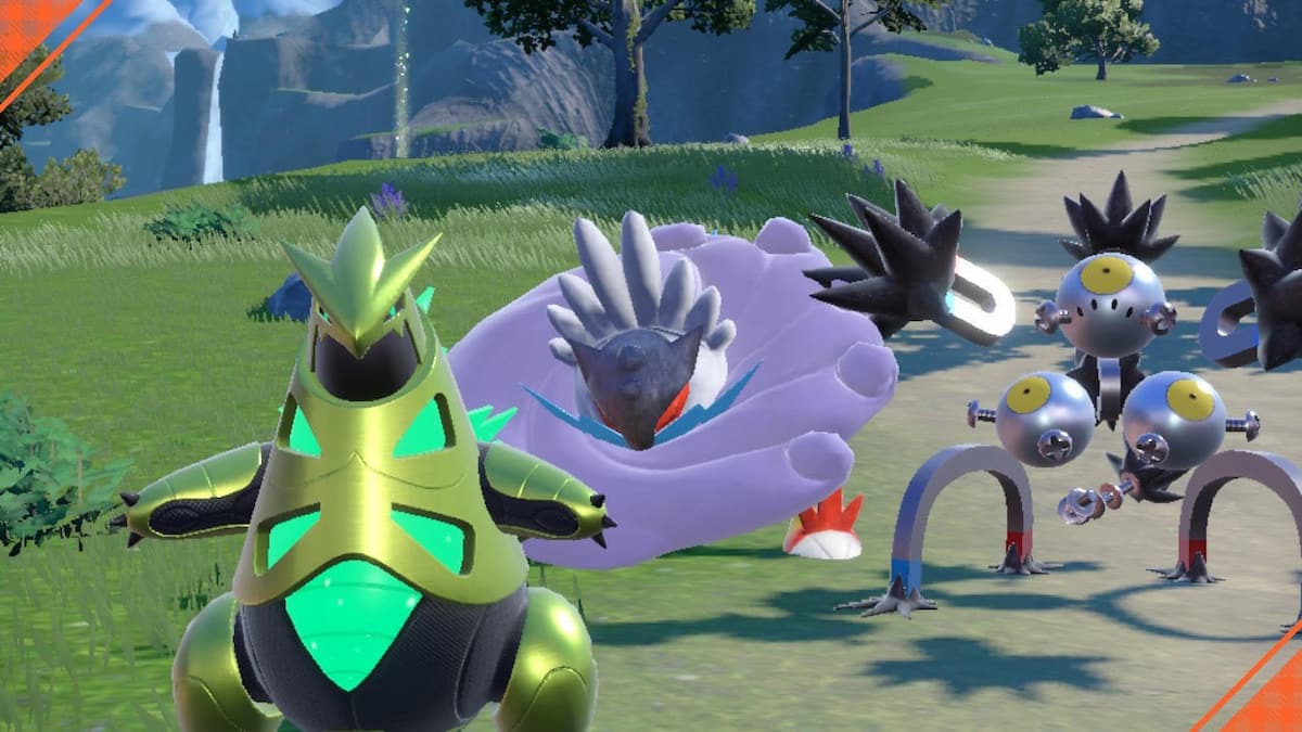 Iron Thorns, Raging Bolt, and Sandy Shocks having a picnic in Pokémon Scarlet and Violet.