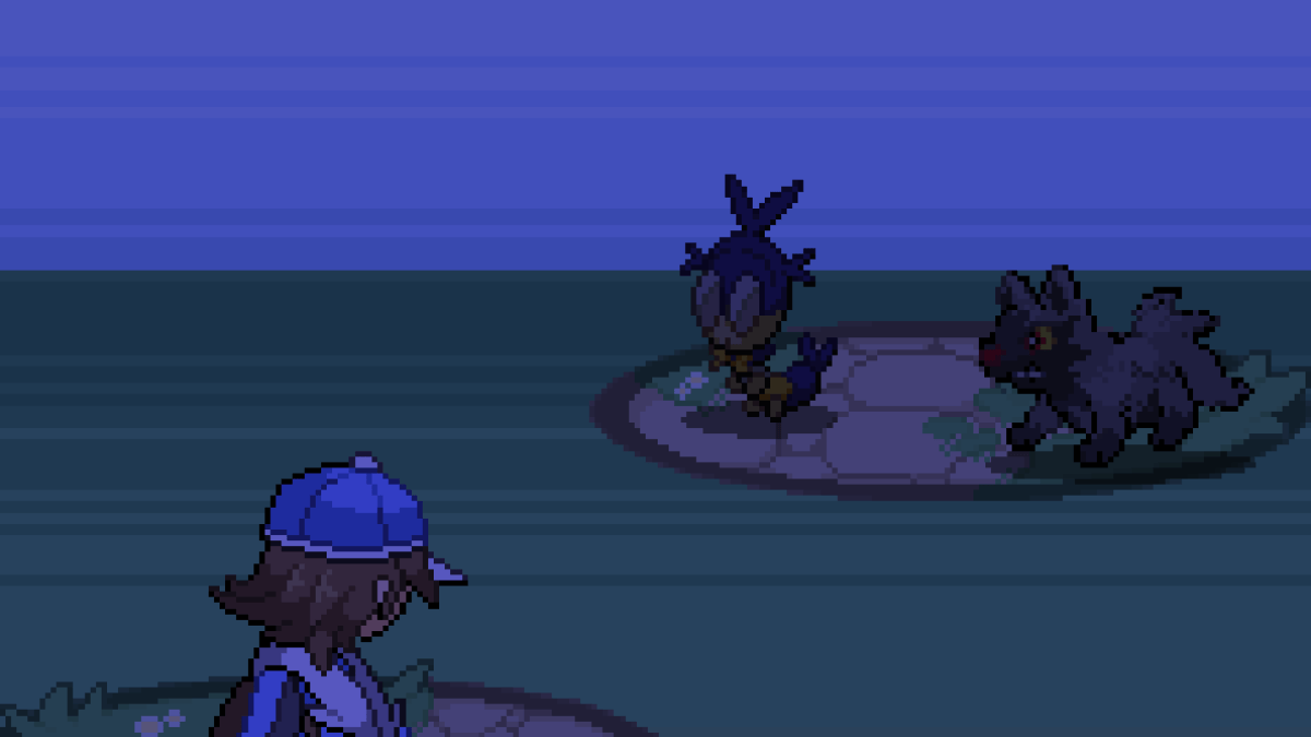 A Pokemon trainer prepares to fight a Blipbug and Poochyena in PokeRogue, a Pokemon Rom hack. The Pokemon are quite dark.