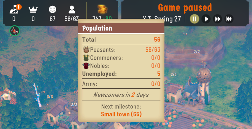 The Population screen in Fabledom, showing how many Peasants, Commoners, and Nobles a player has in their kingdom.