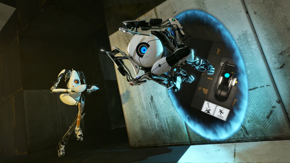 Two player characters running through a portal in Portal 2.