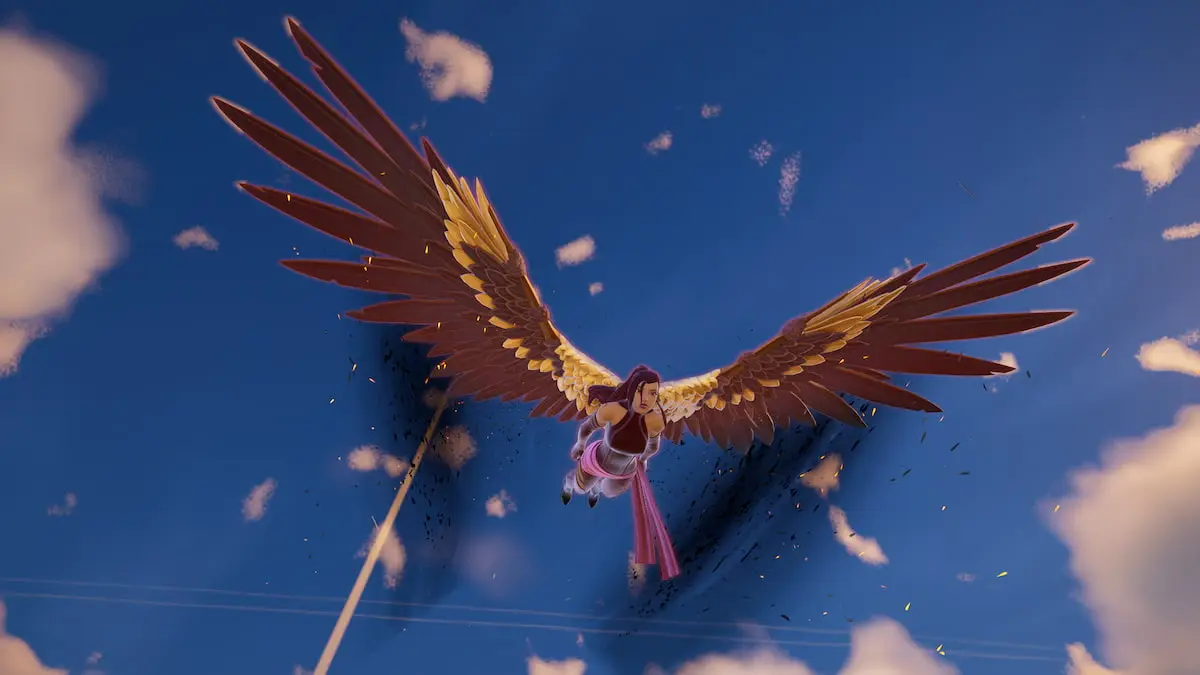 Psylocke flying with the Wings of Icarus in Fortnite.