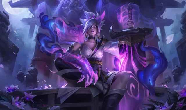 League of Legends splash art for Spirit Blossom Riven, sitting with purple hues surrounding her.