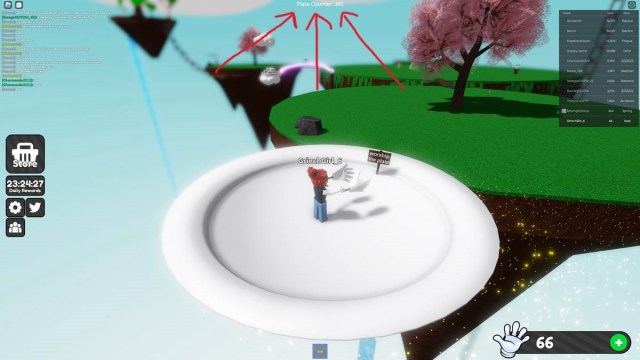 Roblox Slap Battles character is riding on a white plate