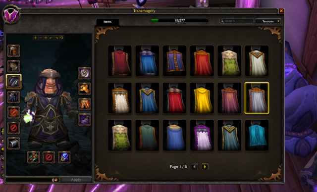 Gnopme Warlock surveying transmog options for cloaks in WoW Cataclysm Classic