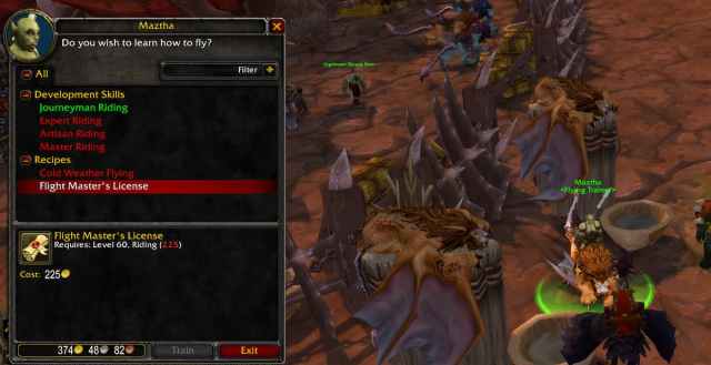 Flying Training interface in WoW Classic Cataclysm