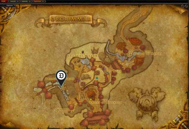Map of Orgrimmar showing where to start the Troll Heritage Armor quest in the Valley of Spirits