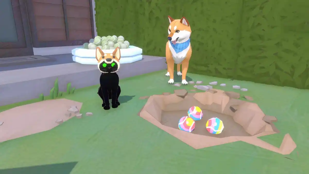 A shiba inu in Little Kitty, Big City, wearing a blue bandana, stands in front of a hole in the ground with two colorful rainbow tennis balls inside.