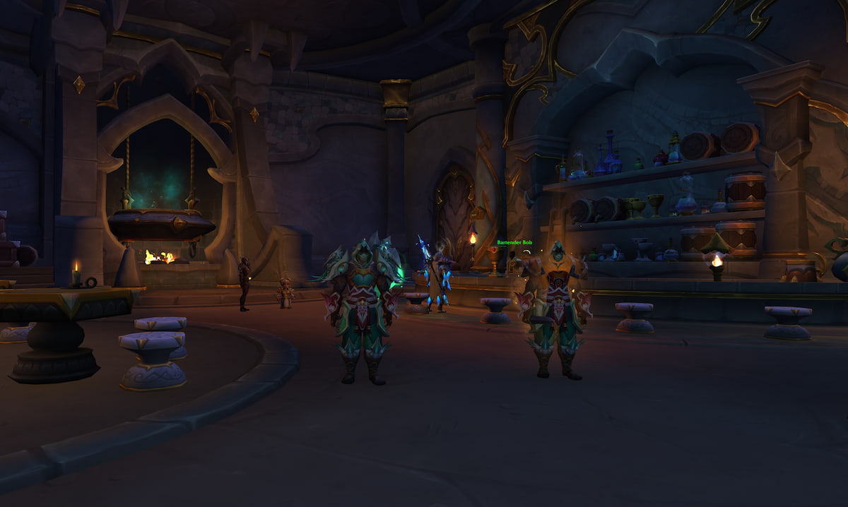 Two identical WoW Characters standing side by side during the quest What Could Have Been in the Everywhen Inn