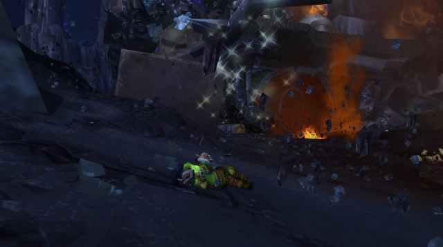 The slain cannoneer laying on the ground dead as part of the Gunship Down quest in WoW Cataclysm Classic