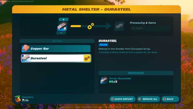 Metal Smelter in LEGO Fortnite coverting Scrap Durasteel to Durasteel.