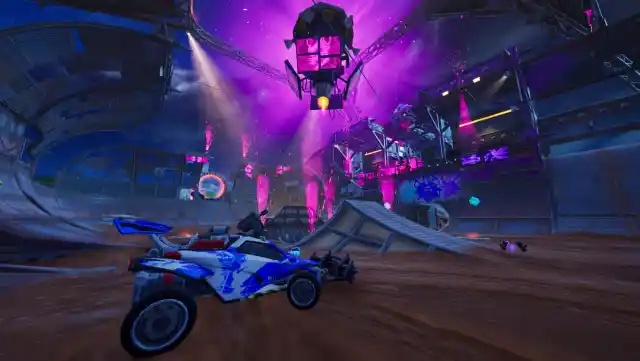 Sports car waiting at the Nitrodome event in Fortnite.