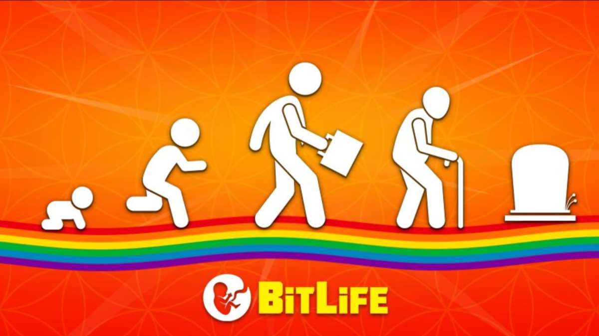 Stick figures of a baby, child, adult, old man, and tombstone with the Bitlife logo underneath.