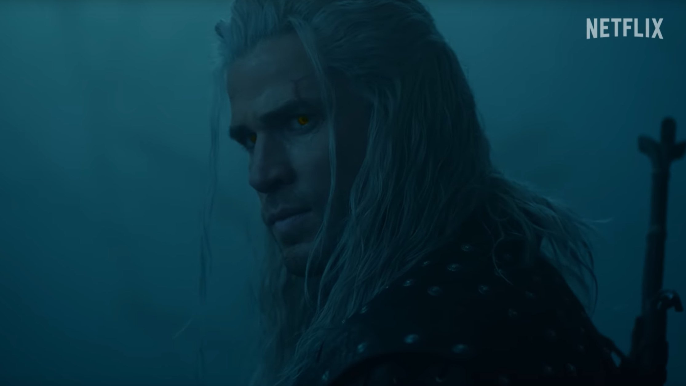 Geralt of Rivia looks over his shoulder, the background shrouded in fog.
