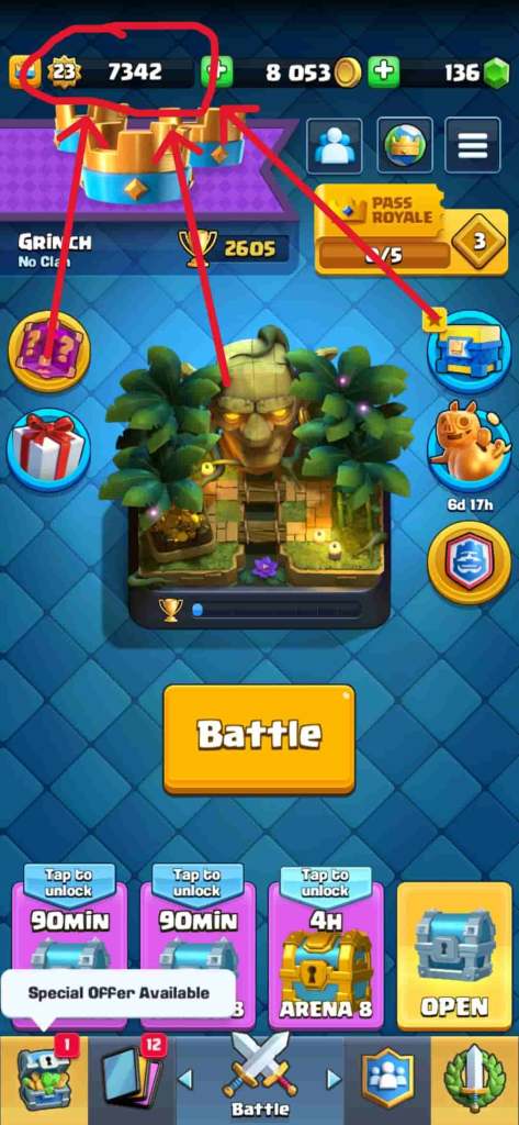 The main menu of Clash Royale emphasizing on the XP bar at the top.