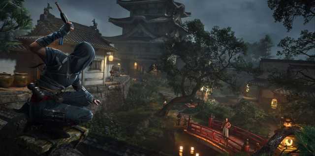 Assassin's Creed Shadows shows a night scene of a Shinobi throwing a grappling hook to the Castle.