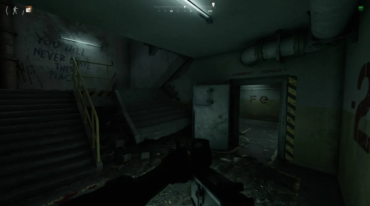 A destroyed stairwell leading to sub-level 2 in the YBL-1 bunker in Gray Zone Warfare.
