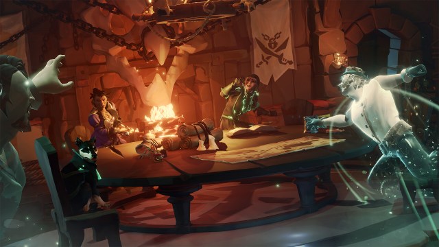 Sea of Thieves' characters in front of a fireplace