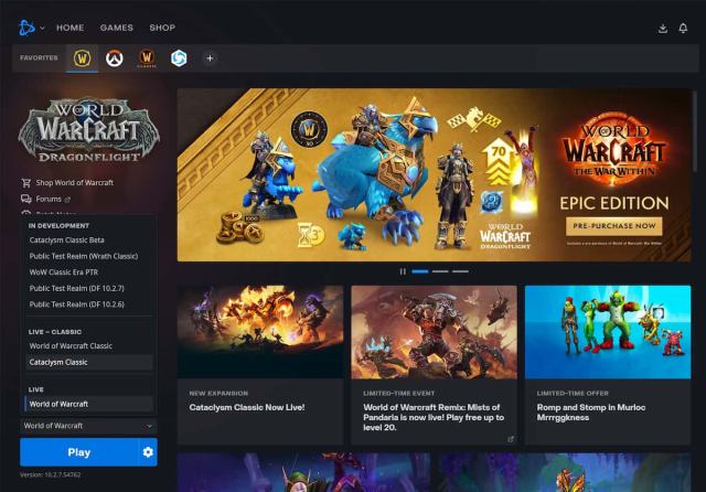 Battle.net app running, and player choosing between different versions of WoW