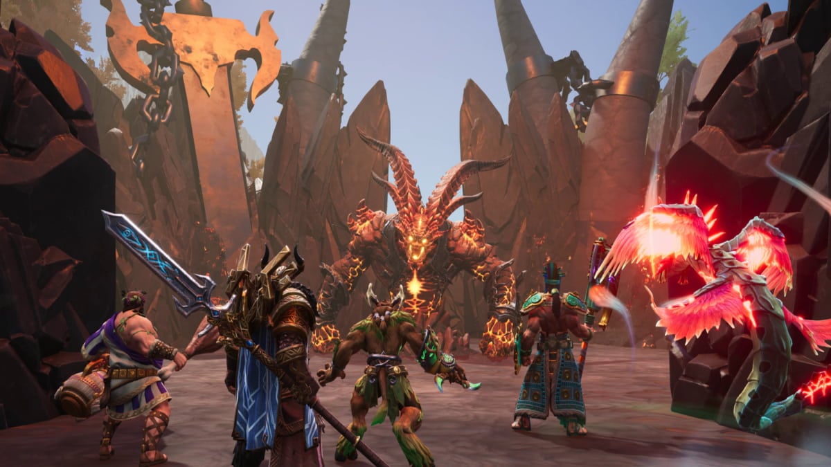 A group of Gods facing a Fire Giant in Smite 2.