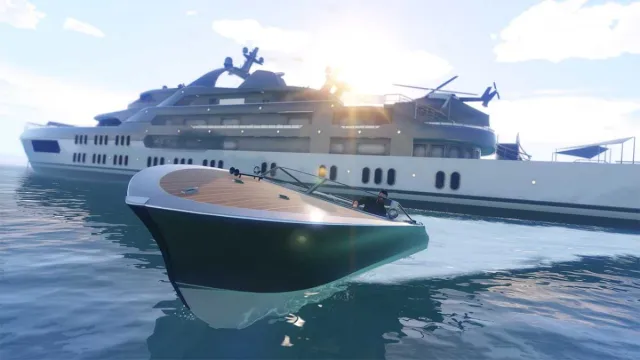 A guy riding a speed boat in front of a yacht.