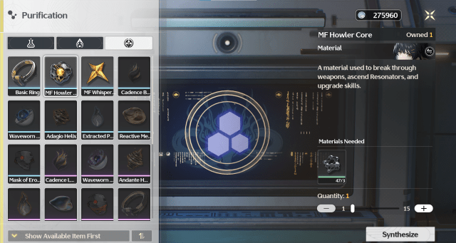 The Synthesizer screen for MF Howler Core in Wuthering Waves