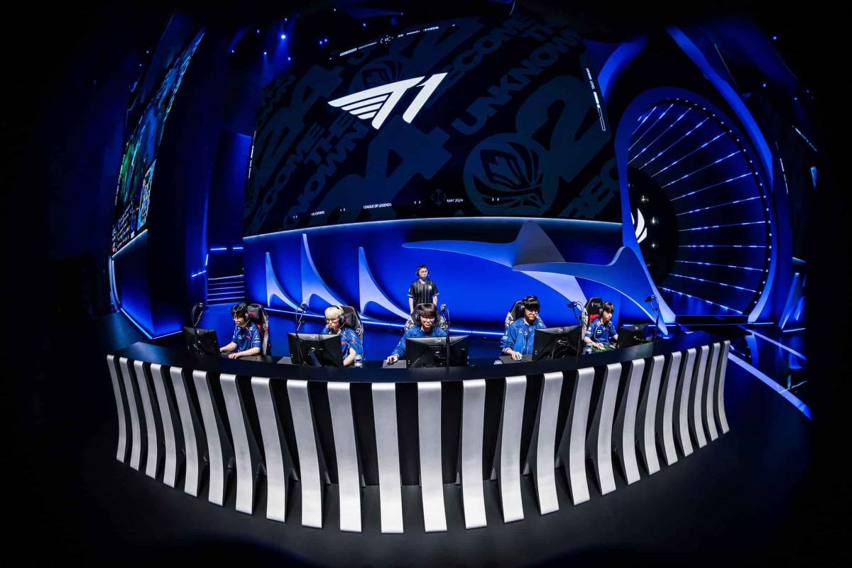 T1 compete on stage during MSI 2024 Bracket Stage. Photo by Colin Young-Wolff/Riot Games