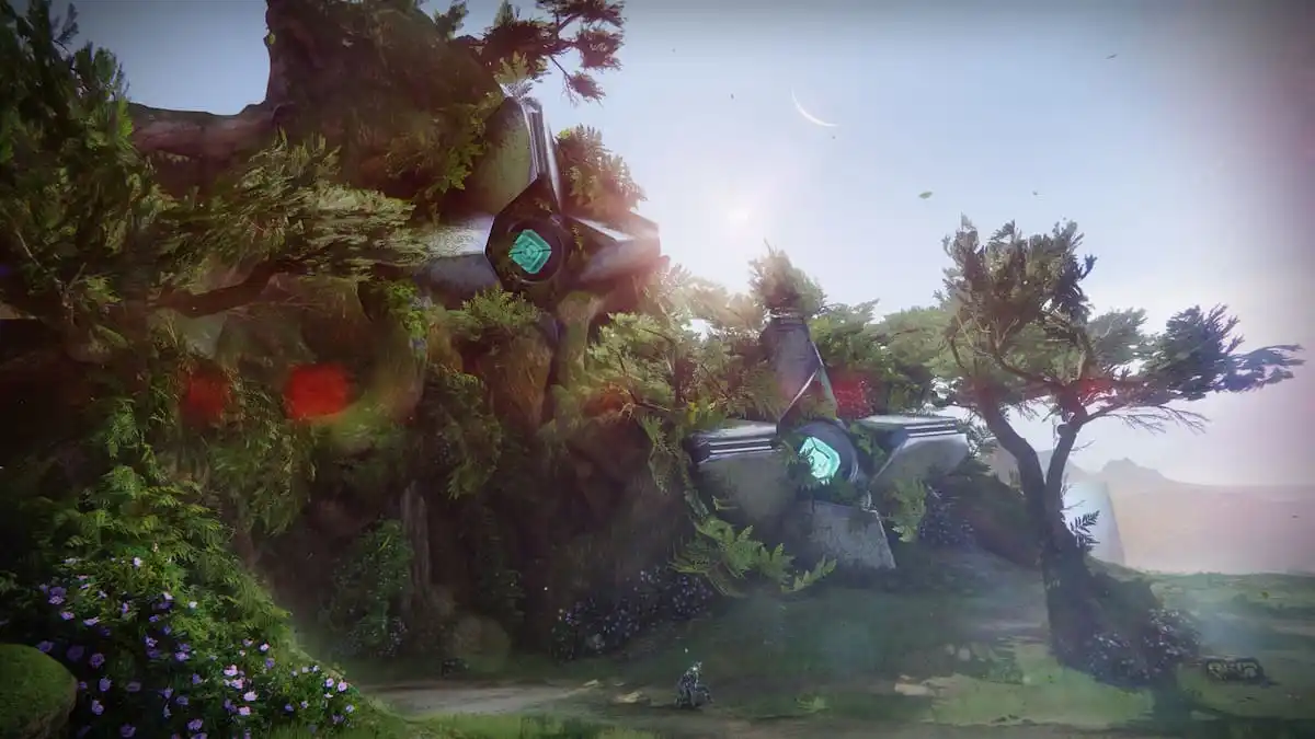 Two gargantuan, overgrown statues of Destiny 2's Ghost stand on the Pale Heart.